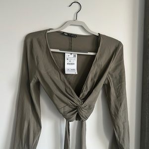 ZARA Stretch linen blend top Olive Green